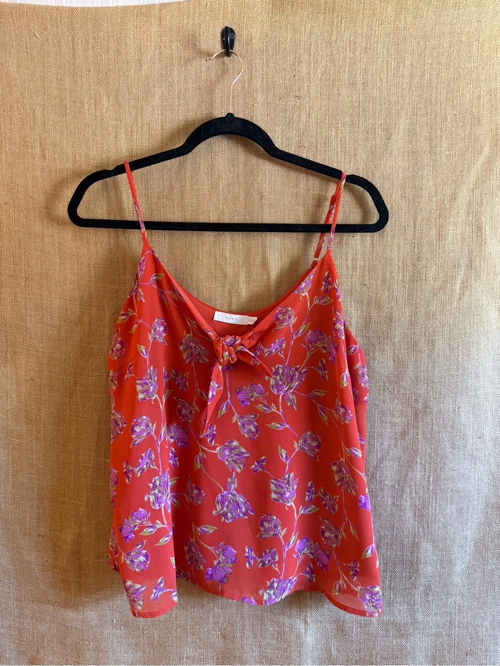 Lush Red Floral Tie-Front Camisole with Purple Blooms